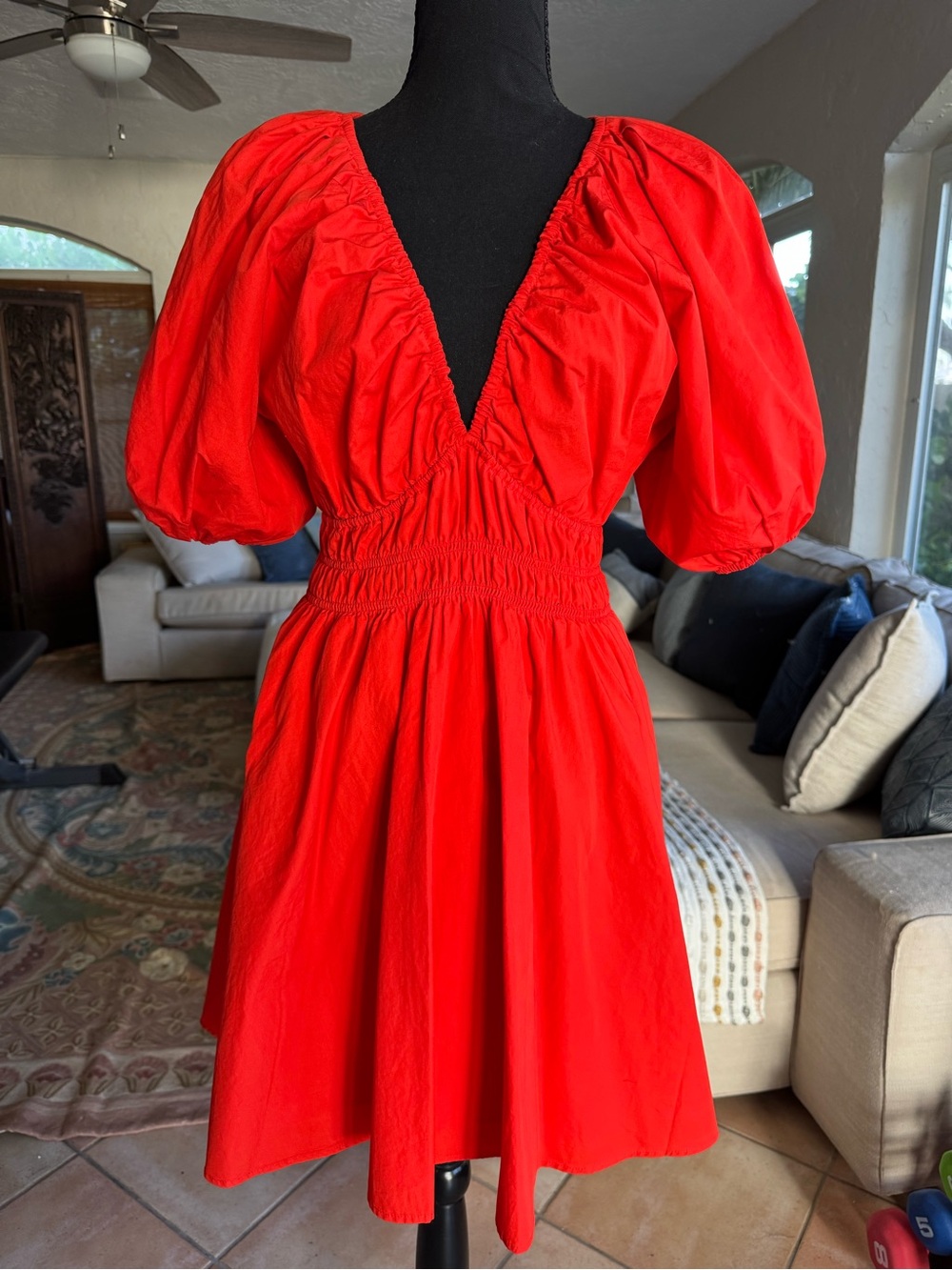 Wilfred Scarlet V-Neck Puff Sleeve Mini Dress
